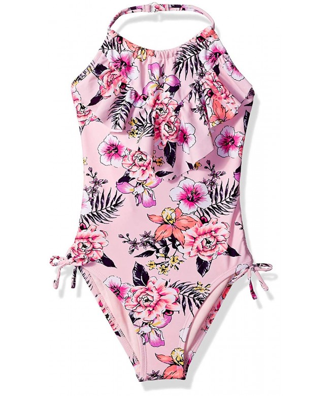 Big Girls' One Piece Swimsuit with Ruffles - Pink Floral Print ...