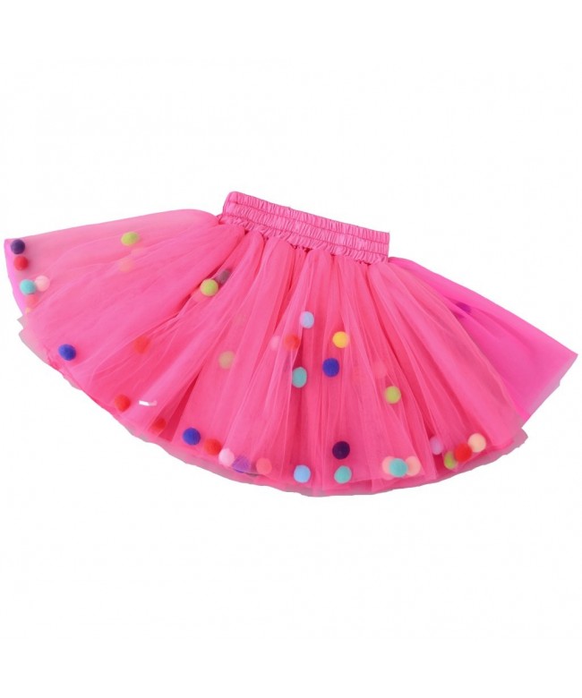 Little Girls' Tutu Skirt with 3 Layers & 3D Pom Pom Puff Balls - Rose ...