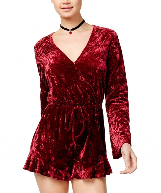 Womens Juniors Crushed Velvet Surplice Romper - Solid Wine - CK18NHXDXYY