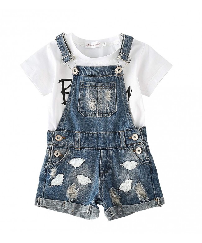 Big&Little Girls 2Pc Big Bib Lips Embroidered Ripped Jeans Shortalls ...