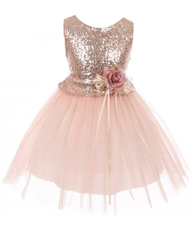 Girls Dress Sequins Glitter Floral Tulle Pageant Party Flower Girl ...