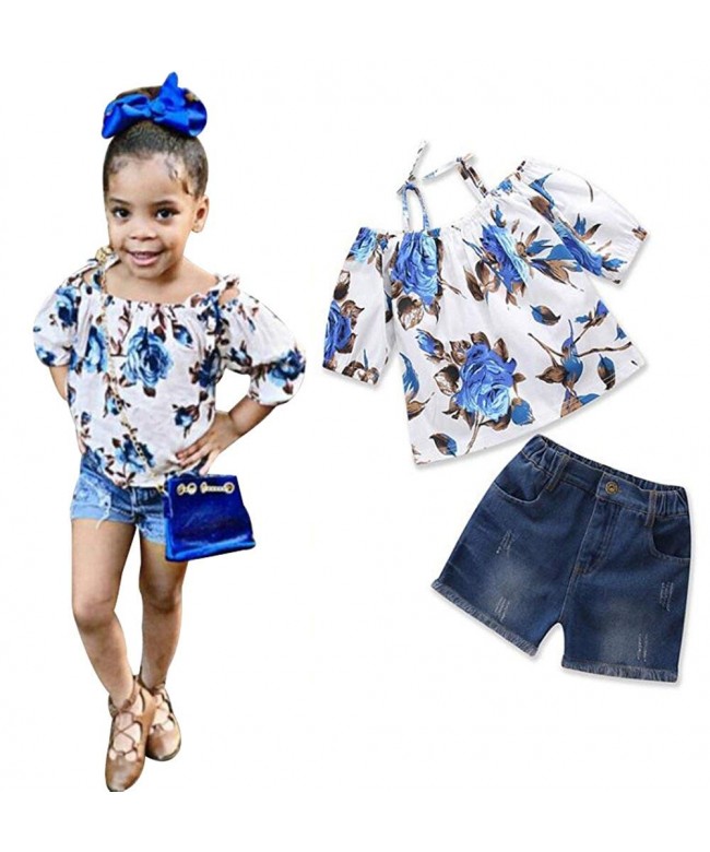 2Pcs Toddler Girls Off Shoulder Floral T-Shirt+Ripped Jeans Short ...