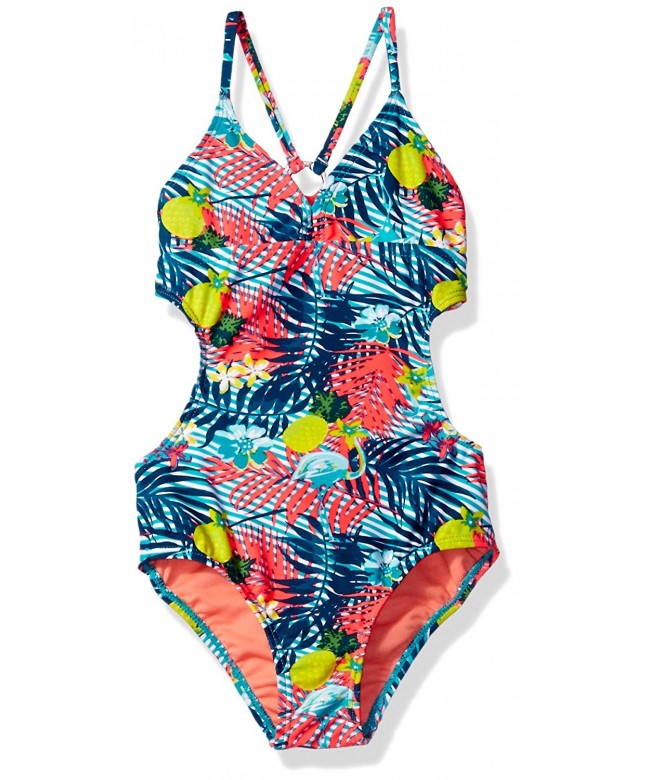 Girls' Stripped Palm Flamingo Print One Piece Swimsuit - Mint - CQ12O28UZKM