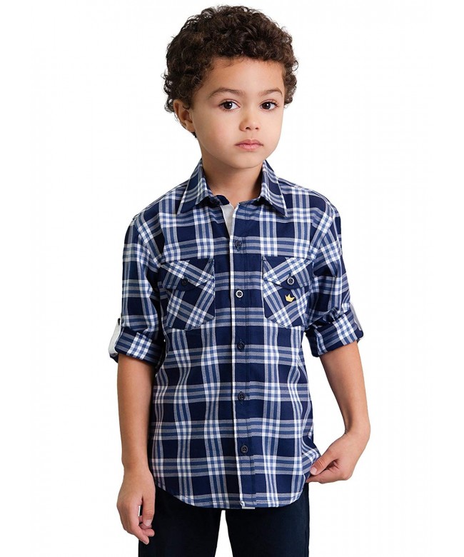 Toddler Boys' Navy Western Plaid Check Blue Roll Up Dress Shirt - 100% ...