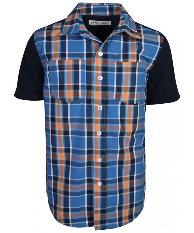 Boys Short Sleeve Button Down Woven Shirt - Dark Navy Plaid - CD18CNO4H97