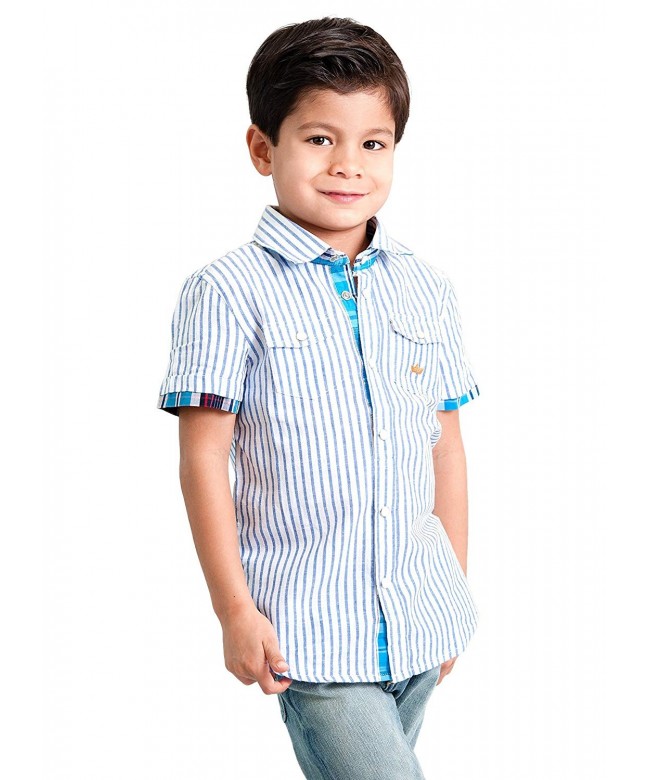 Boys' Linen Blend Dress Shirt - Short Sleeve Blue Striped Top with ...