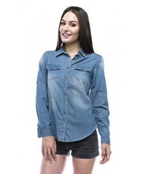 Chambray Button Down Denim Shirt with Roll-up Sleeves - Med Blue Wash ...