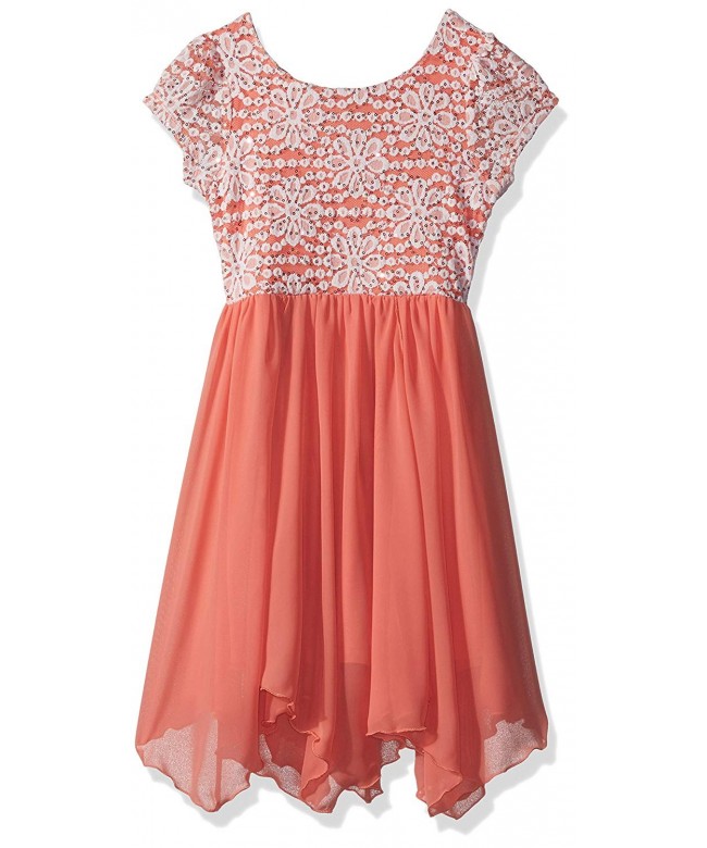 Girls' Big Floral Sequin Lace Dress - Coral - CG12O095BSY